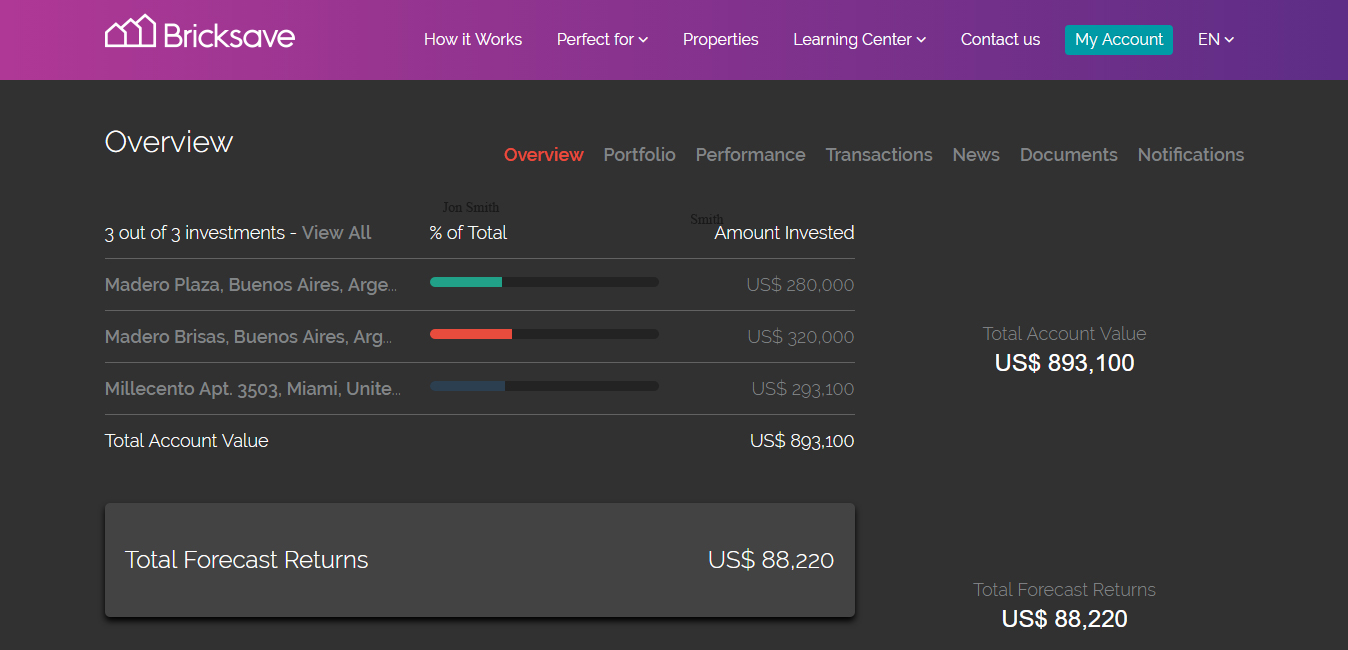 Bricksave website Investor Dashboard