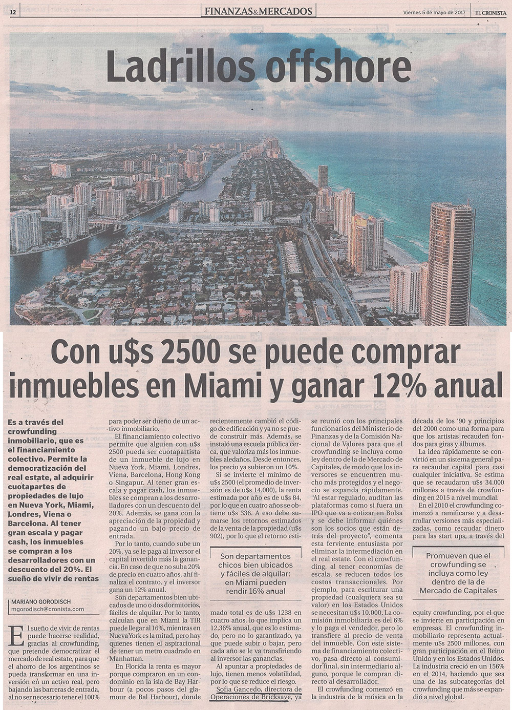 "With US$2,500 you can buy real estate in Miami and earn 12% per year" as featured in El Cronista today