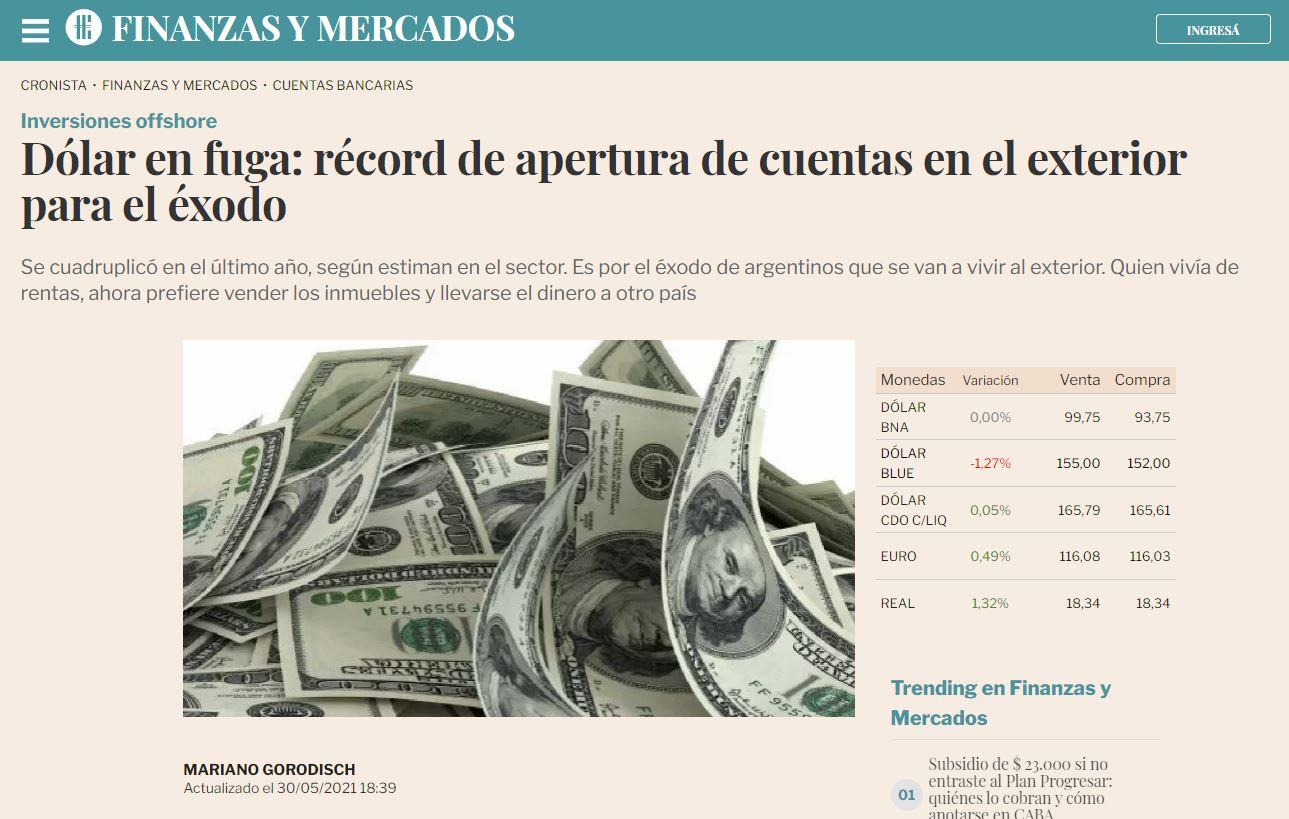 Dólar em fuga: recorde de abertura de contas no exterior para o êxodo