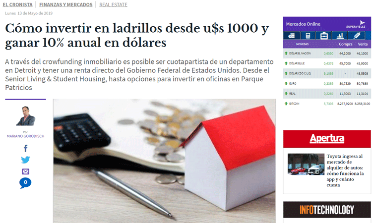 El Cronista: Cómo invertir en ladrillos desde u$s 1000 y ganar 10% anual en dólares